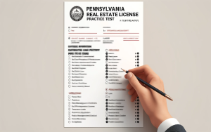 A person filling out a Pennsylvania real estate license practice test with a pencil.